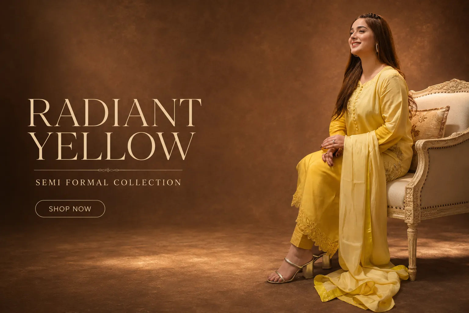 Woman in a yellow outfit sitting on a chair with 'Radiant Yellow' text and 'Shop Now' button.