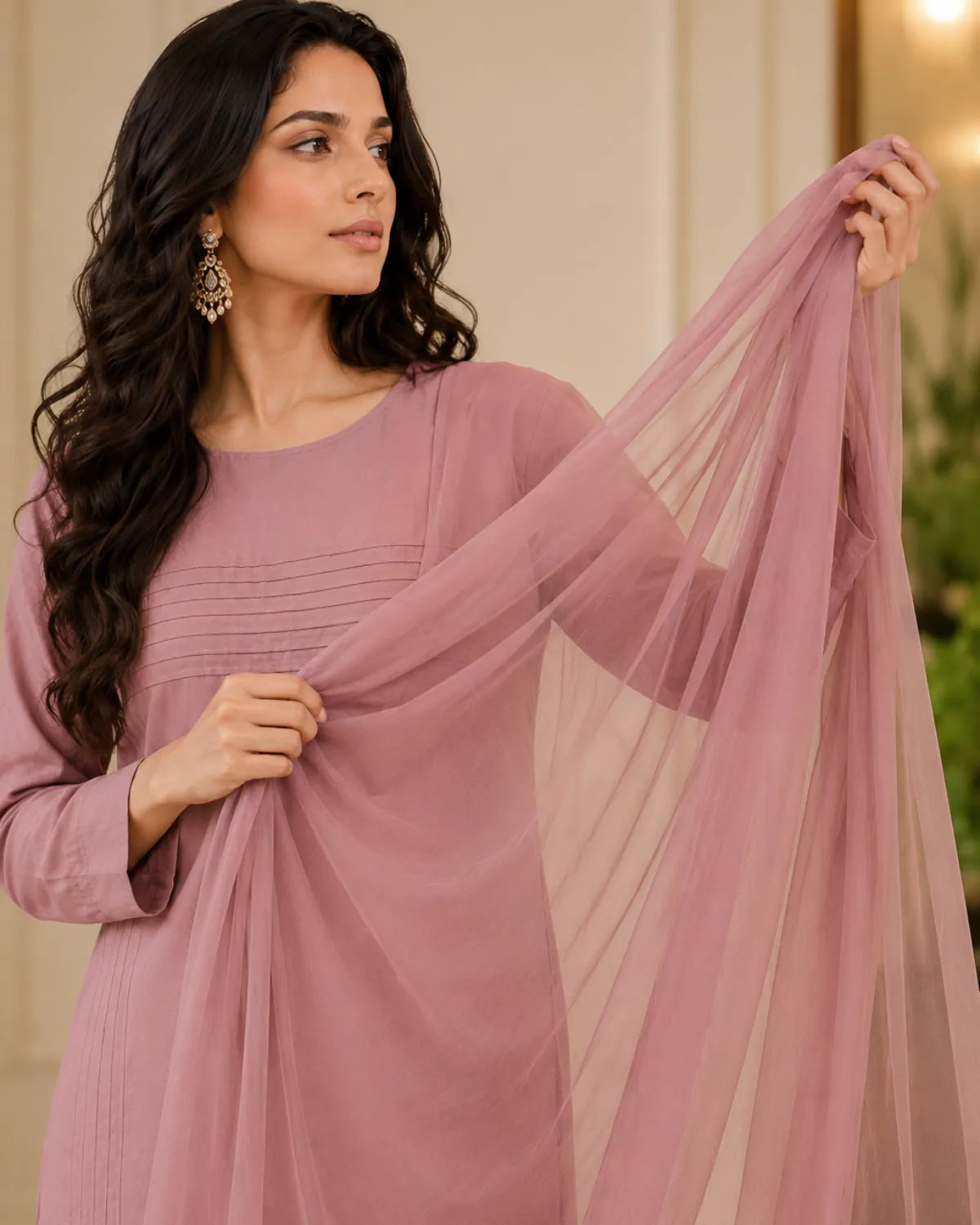 Woman wearing a mauve dress holding a matching dupatta against a blurred indoor background