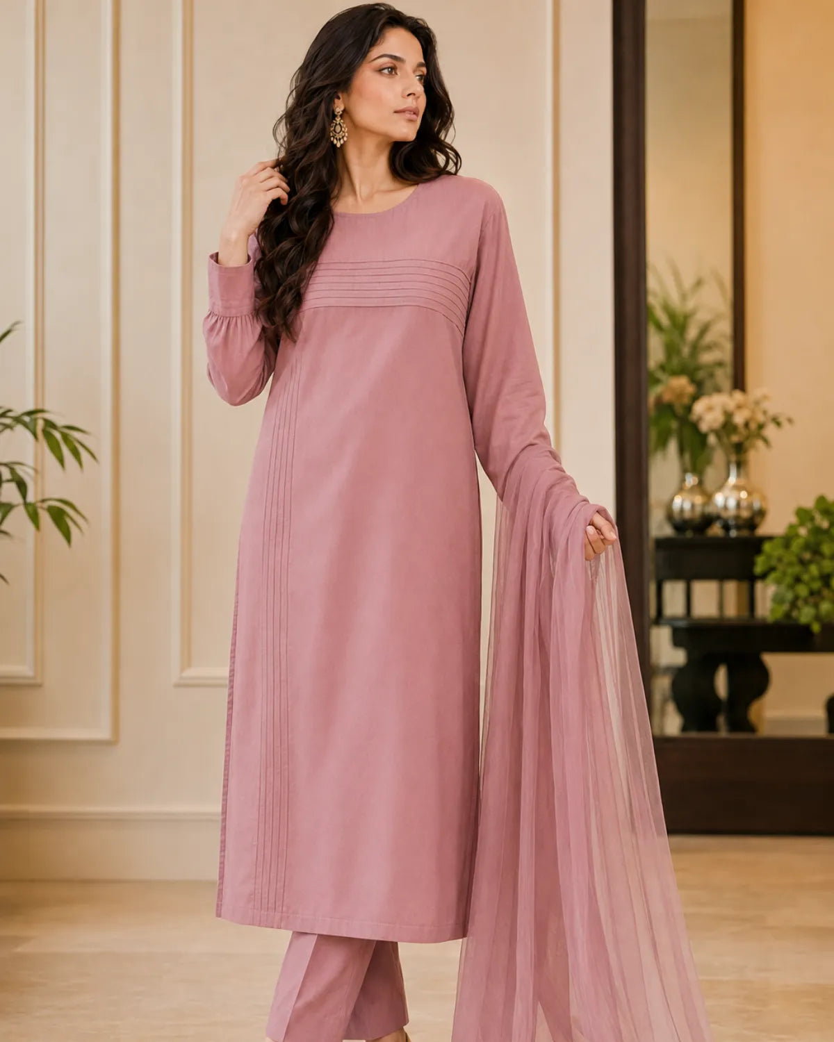 Woman wearing a pink traditional outfit with a dupatta in an indoor setting.