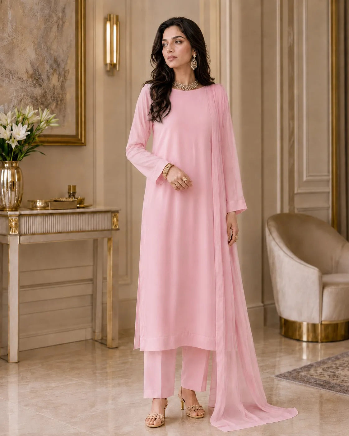 Woman in a pink outfit standing in an elegant room with decor elements.