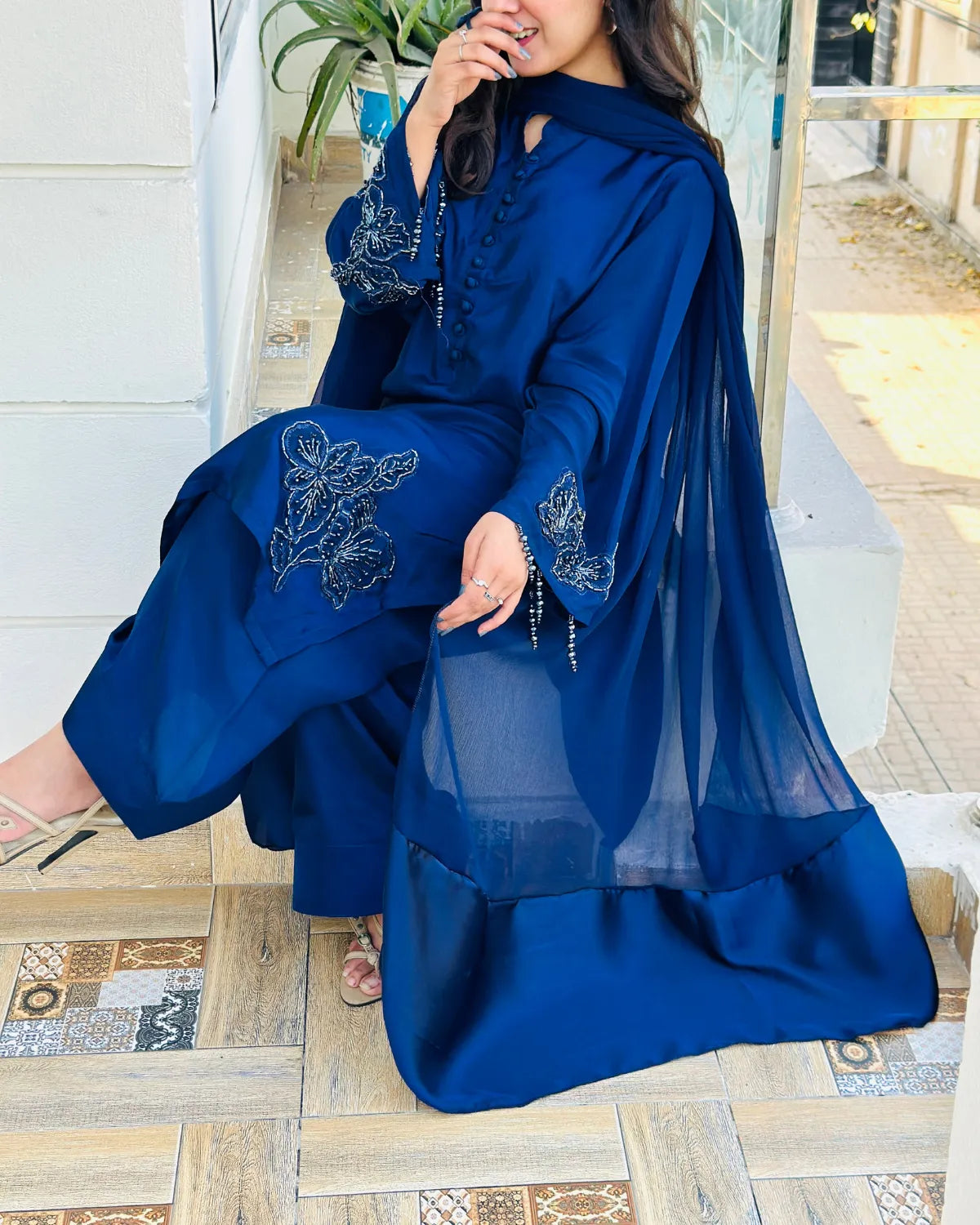Embroidered Shamooz Silk Suit – Nazm, Royal Blue Hand-Embroidered