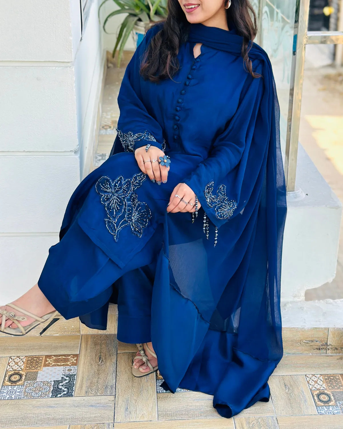 Embroidered Shamooz Silk Suit – Nazm, Royal Blue Hand-Embroidered