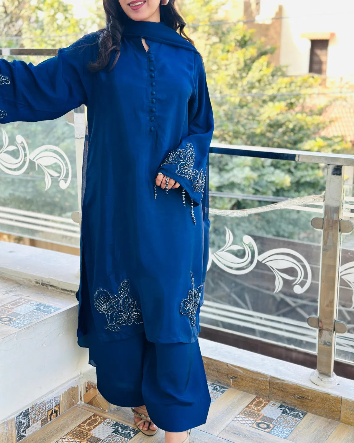 Embroidered Shamooz Silk Suit – Nazm, Royal Blue Hand-Embroidered