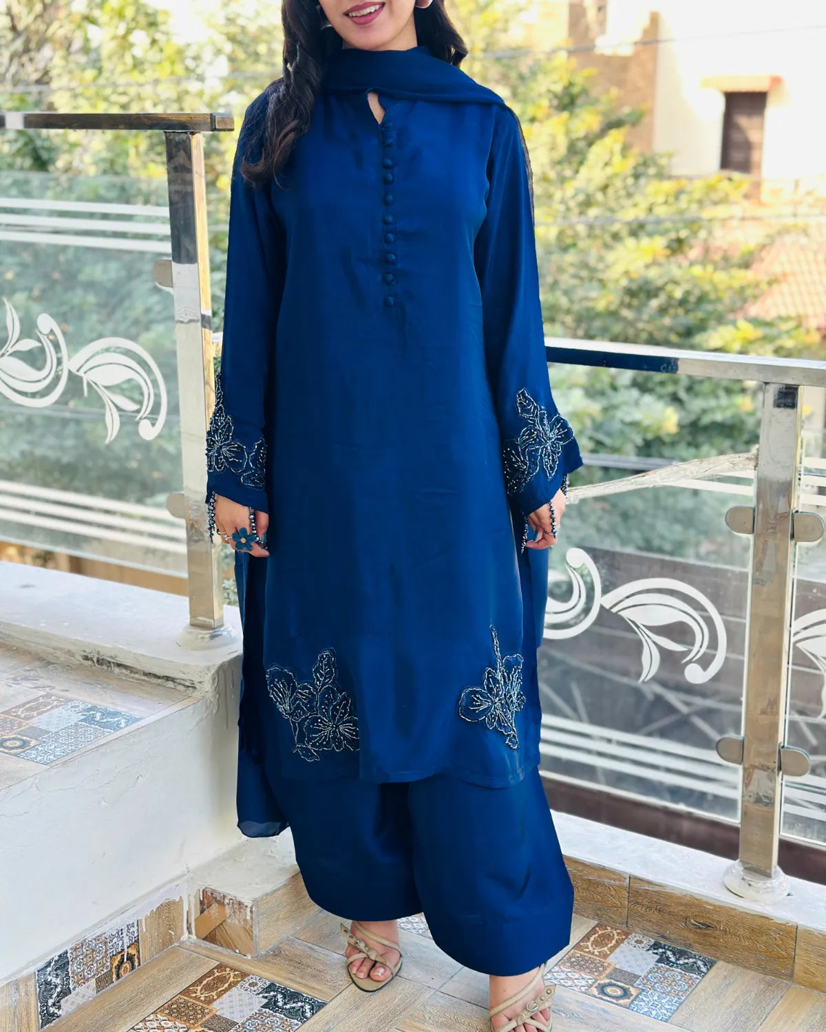 Embroidered Shamooz Silk Suit – Nazm, Royal Blue Hand-Embroidered