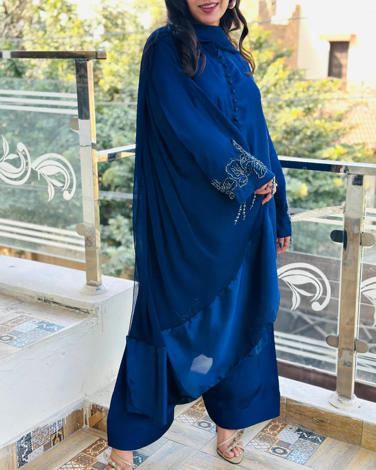 Embroidered Shamooz Silk Suit – Nazm, Royal Blue Hand-Embroidered