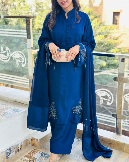 Embroidered Shamooz Silk Suit – Nazm, Royal Blue Hand-Embroidered