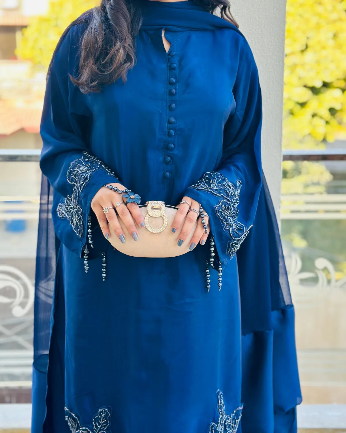 Embroidered Shamooz Silk Suit – Nazm, Royal Blue Hand-Embroidered