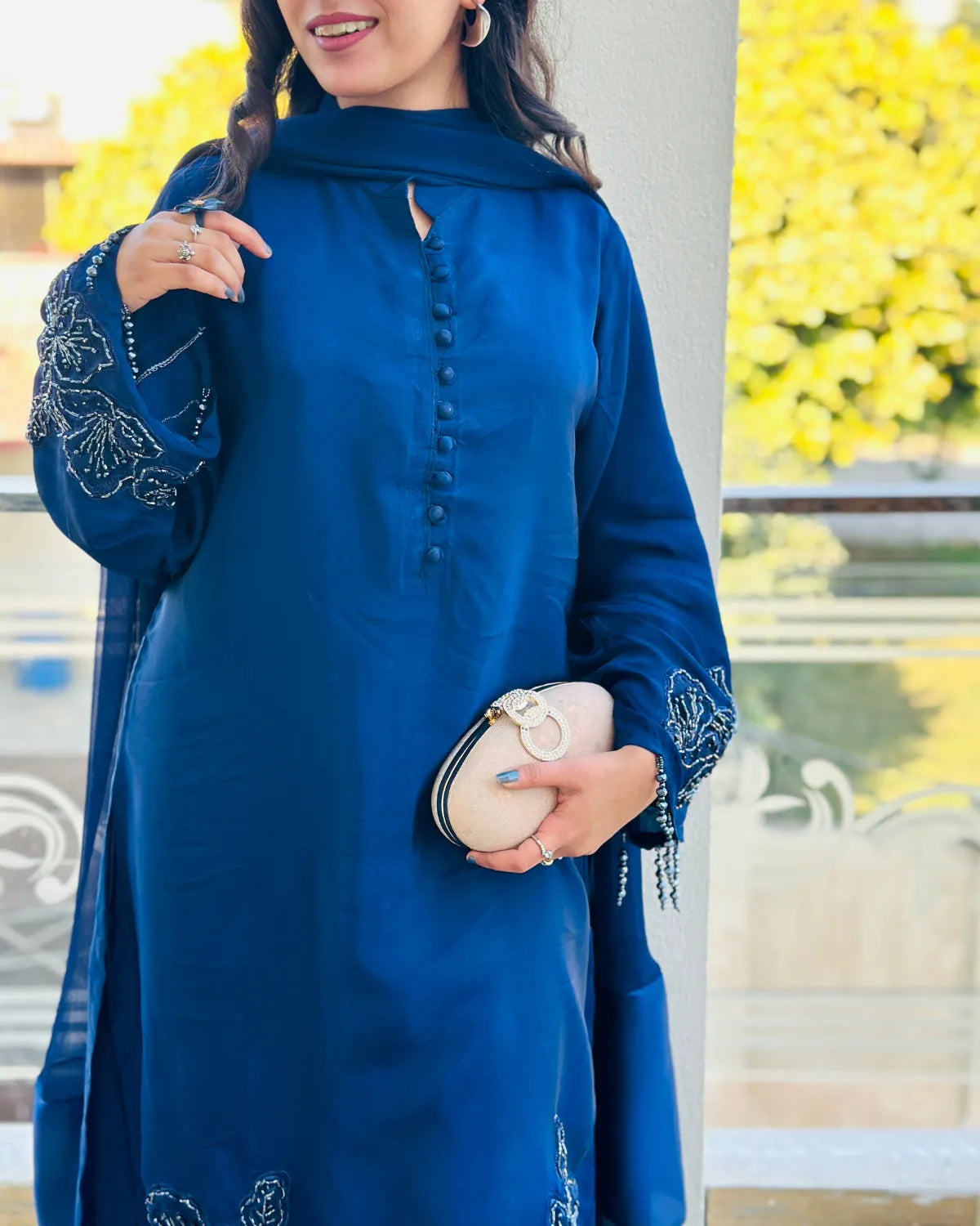 Embroidered Shamooz Silk Suit – Nazm, Royal Blue Hand-Embroidered