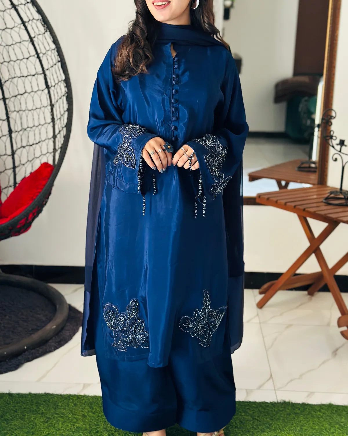 Embroidered Shamooz Silk Suit – Nazm, Royal Blue Hand-Embroidered