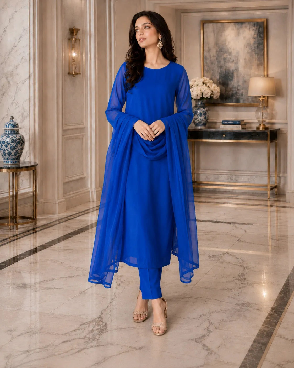 Woman in a blue outfit standing in an elegant interior setting