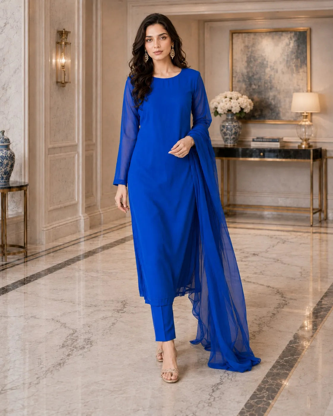 Woman in a blue outfit standing in an elegant interior setting