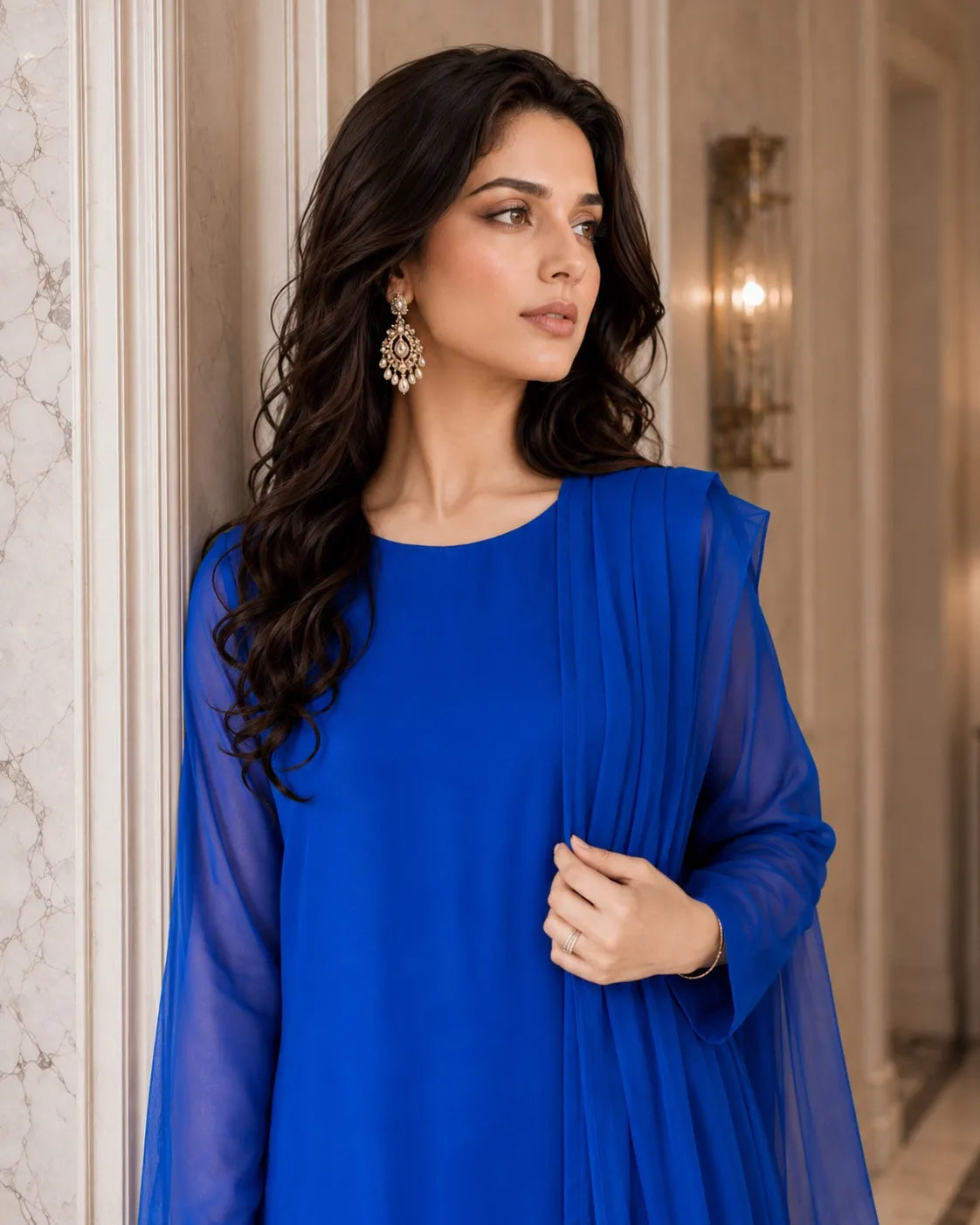 Woman wearing a blue dress with a decorative background