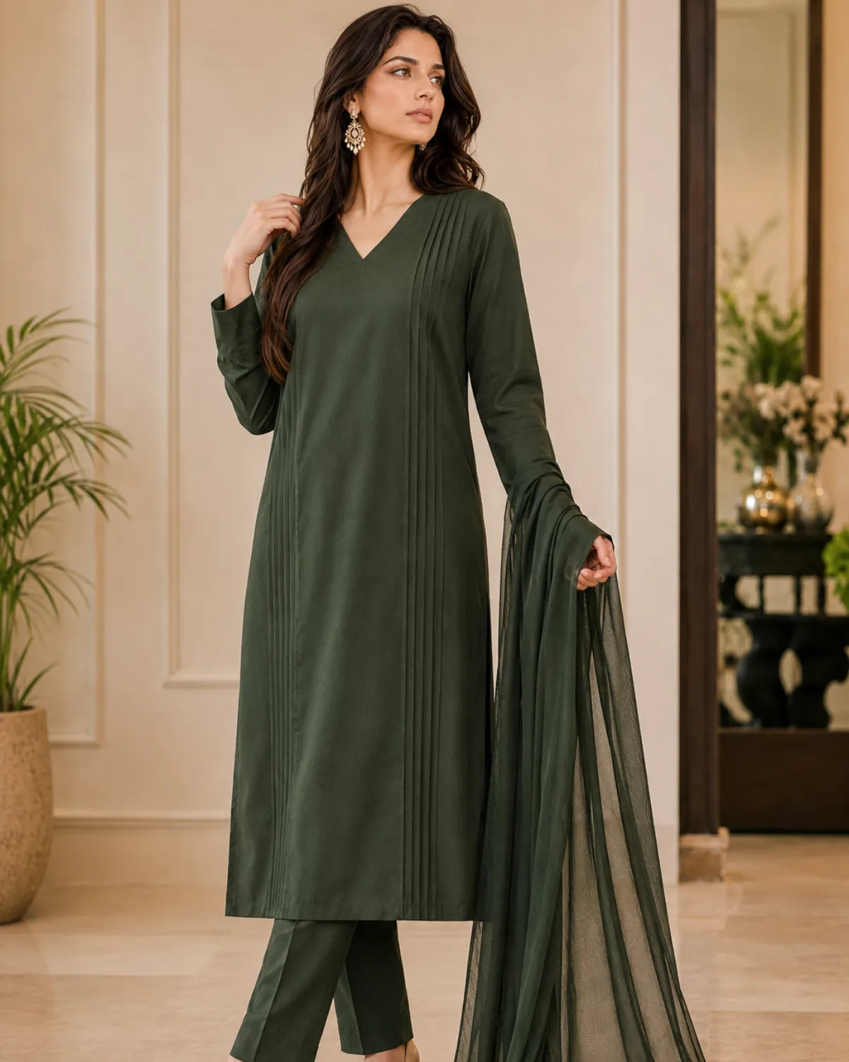 Woman wearing a green outfit with a matching dupatta in an indoor setting.